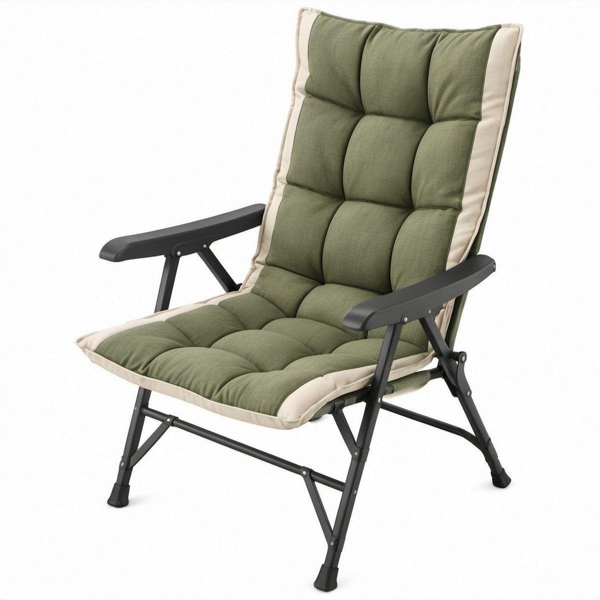 Sedia da campeggio pieghevole reclinabile con cuscino imbottito, verde oliva, beige e nero, 58 x 68 x 110 cm