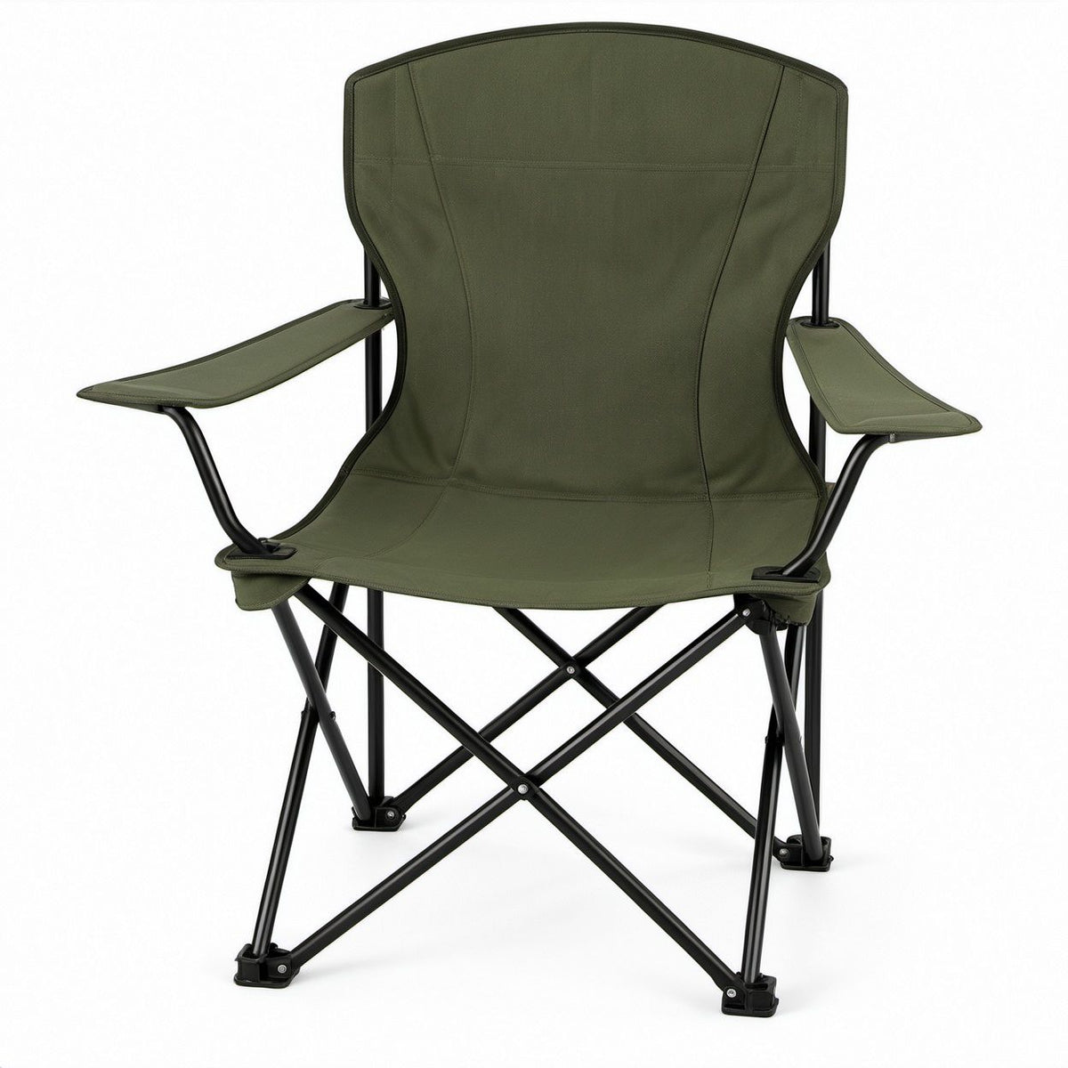 Sedia da campeggio pieghevole verde oliva e nera con braccioli, 60 x 60 x 95 cm