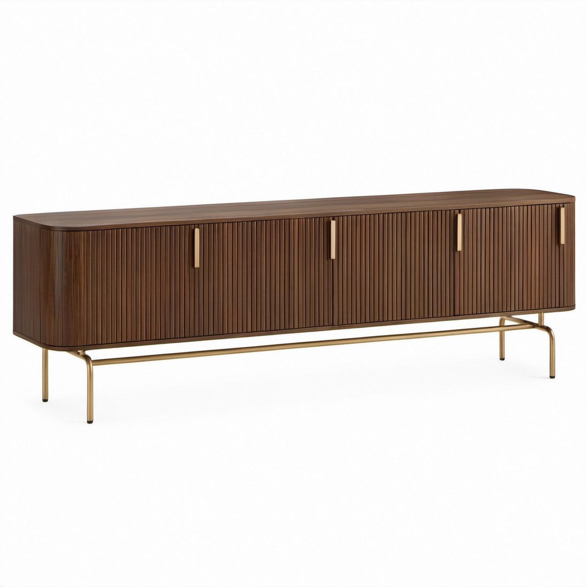 Credenza rettangolare in noce e ottone con ante scanalate, 180 x 40 x 75 cm