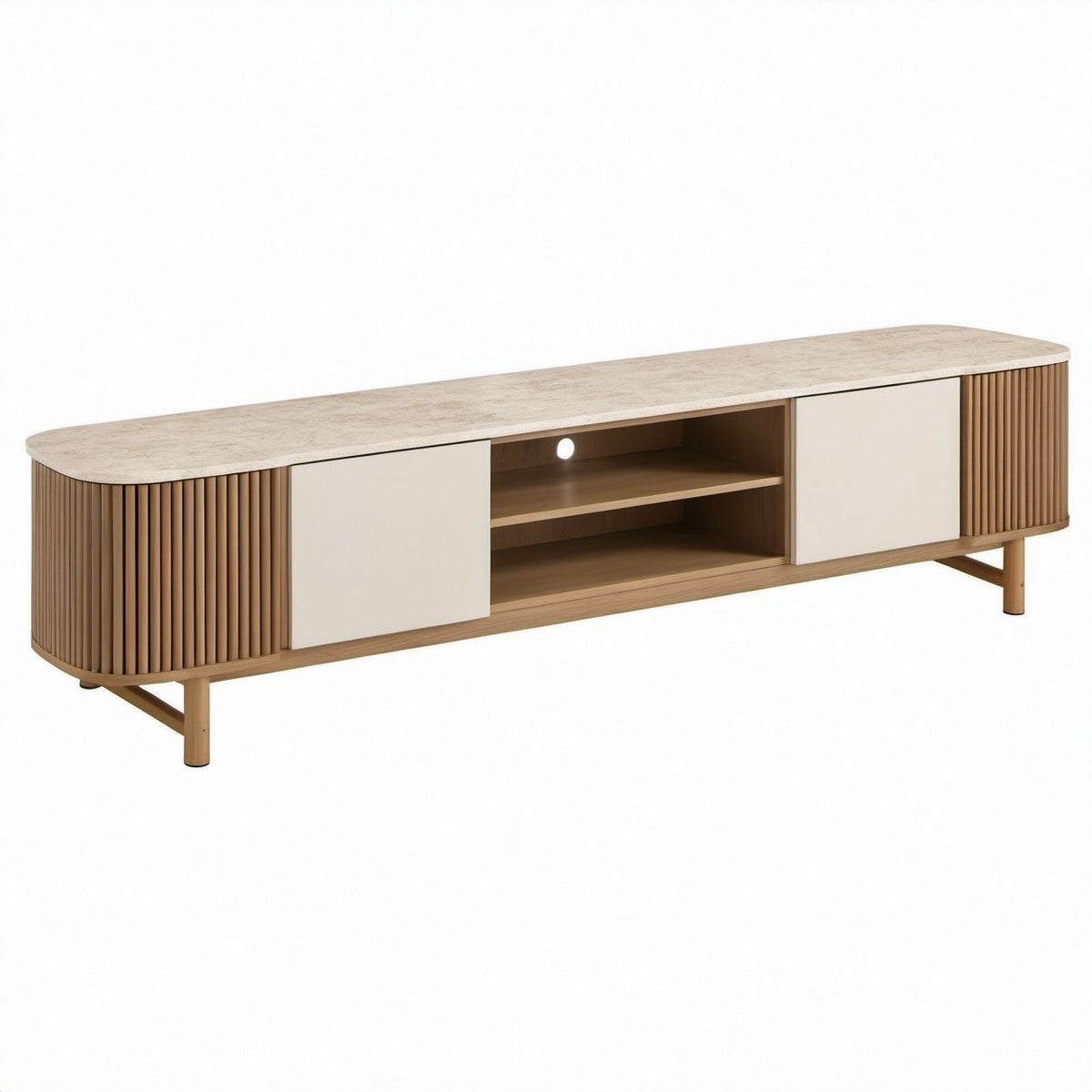 Mobile TV basso in beige e rovere naturale con ante scorrevoli, 180 x 40 x 55 cm