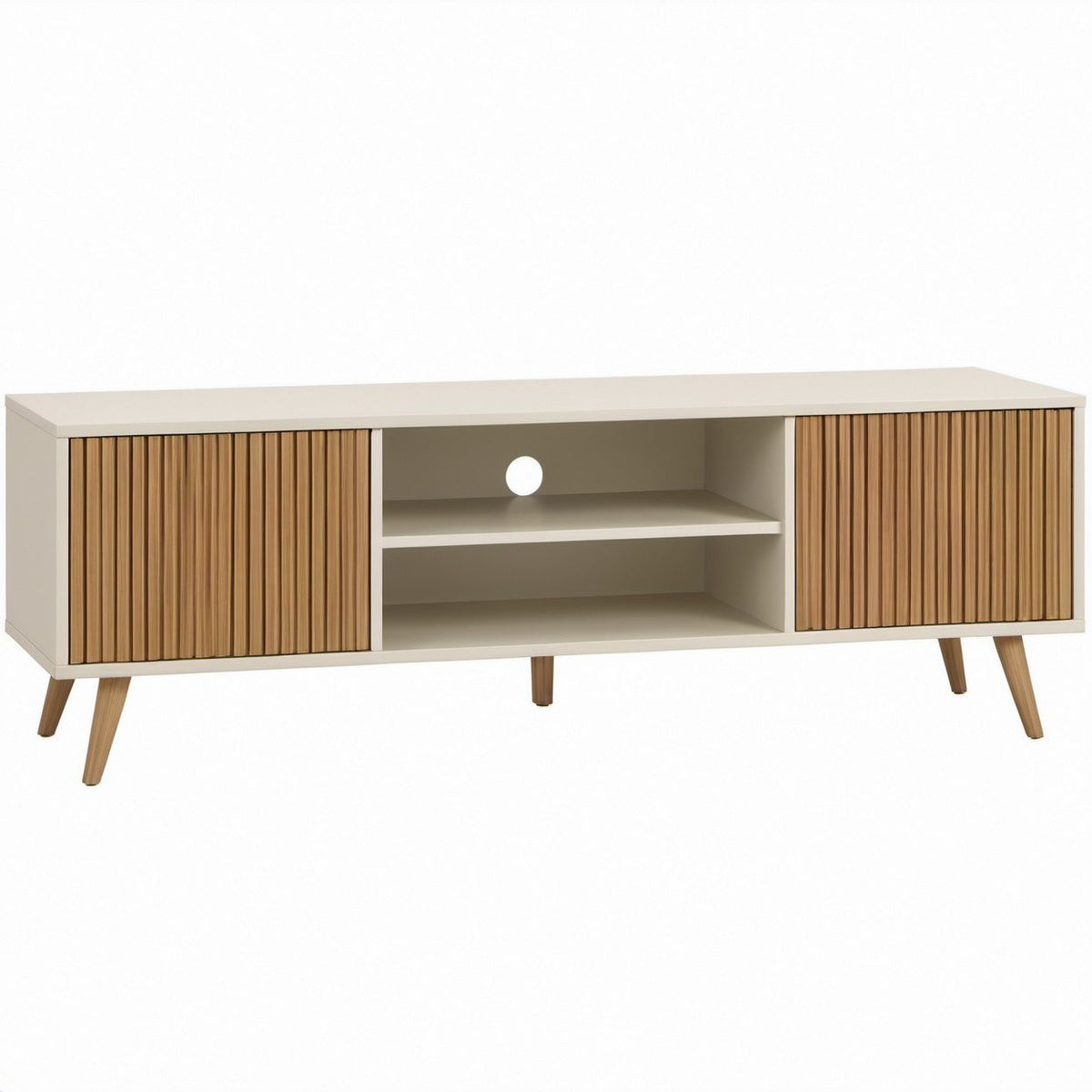 Mobile TV rettangolare bianco e rovere naturale in MDF con ante scorrevoli, 160 x 40 x 60 cm