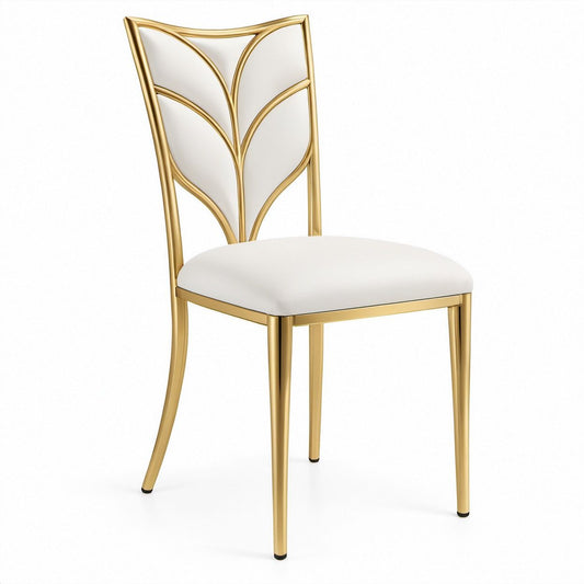 Sedia da pranzo Bianca e Oro con schienale alto decorativo, similpelle PU e acciaio, 45 x 52 x 98 cm