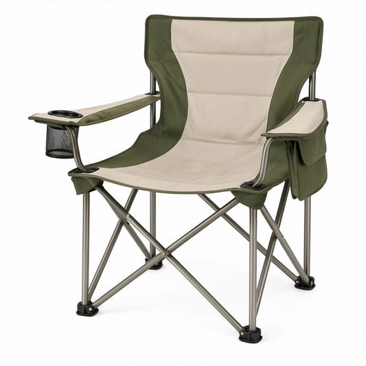 Sedia pieghevole da campeggio 88 x 60 x 92 cm con braccioli, portabevande e tasca laterale Verde oliva/Beige