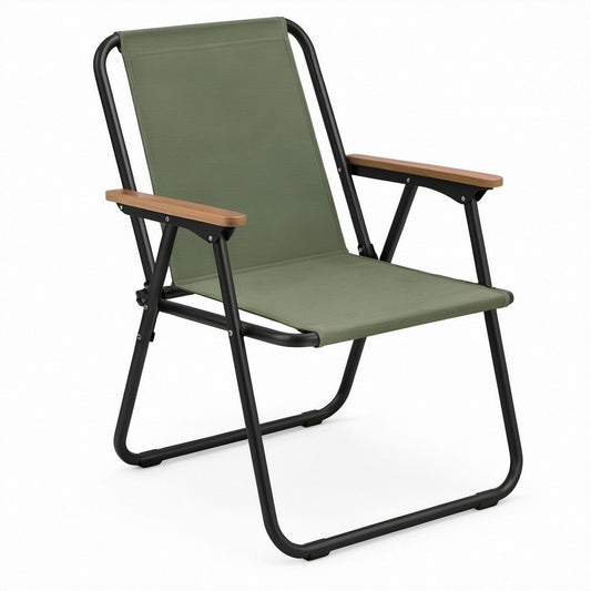 Sedia da campeggio pieghevole verde con braccioli, telaio in acciaio, 58 x 64 x 93 cm