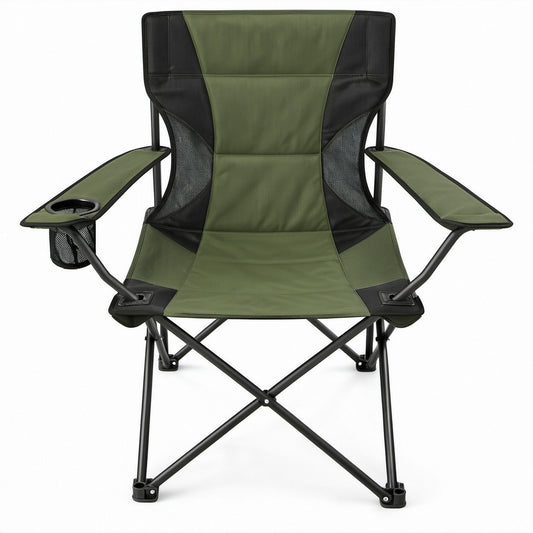 Sedia da campeggio pieghevole con braccioli, portabicchiere e tasca laterale Verde Oliva/Nero, 60 x 60 x 100 cm