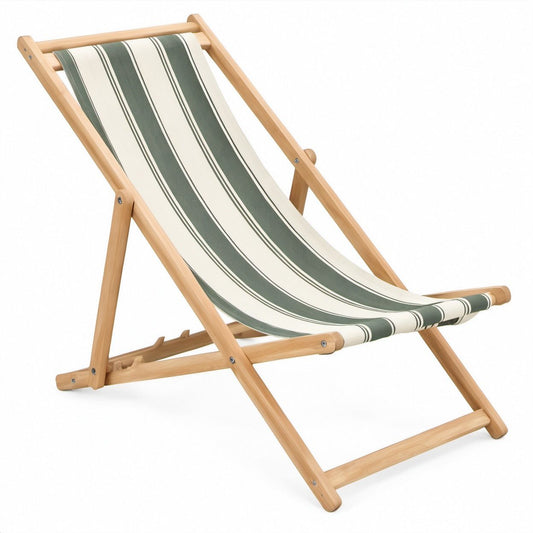 Sedia a sdraio pieghevole in legno massello con tela in cotone a righe verde scuro e bianco avorio, 96 x 56 x 100 cm