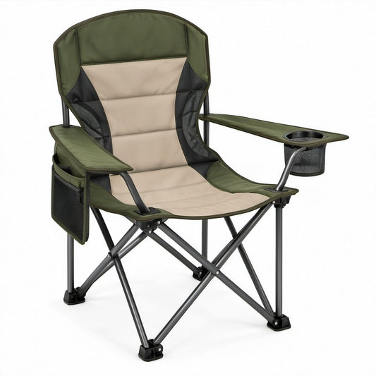 Sedia pieghevole da campeggio imbottita Verde Beige Nero in poliestere 600D e acciaio, 64 x 60 x 105 cm