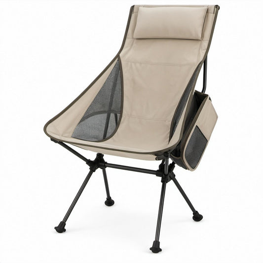 Sedia da campeggio pieghevole alta beige e nera in poliestere 600D e acciaio, 70 x 60 x 95 cm