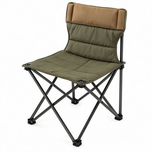 Sedia pieghevole con schienale alto in poliestere verde oliva e marrone, 56 x 60 x 88 cm
