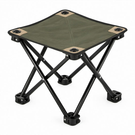 Sgabello pieghevole da campeggio quadrato in poliestere e acciaio, 30 x 30 x 30 cm, Verde oliva/Nero/Beige