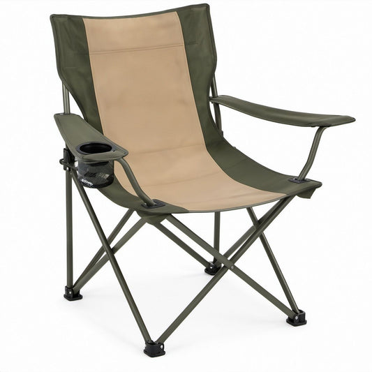 Sedia da campeggio pieghevole con schienale alto, portabicchiere e tasca in rete, verde oliva e beige, 60 x 60 x 92 cm