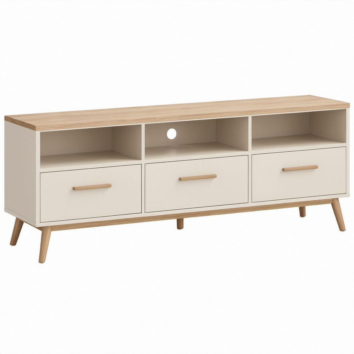 Struttura rettangolare Crema e Rovere Naturale 160 x 40 x 55 cm con 3 cassetti e vani a giorno