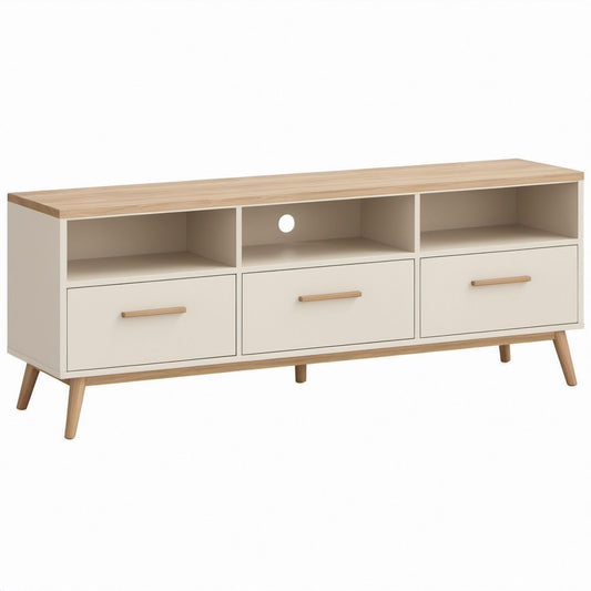 Struttura rettangolare Crema e Rovere Naturale 160 x 40 x 55 cm con 3 cassetti e vani a giorno