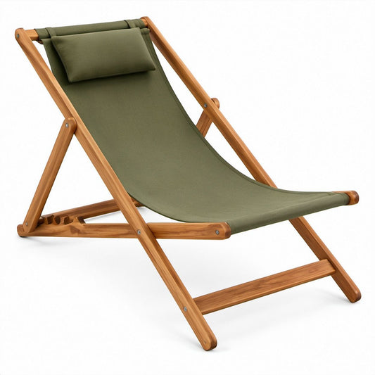 Sedia sdraio pieghevole reclinabile in legno massello e poliestere Verde oliva/Marrone naturale 95 x 60 x 88 cm