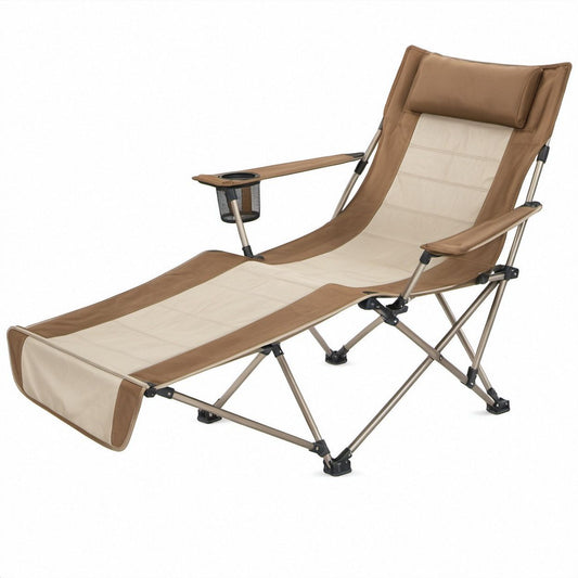 Sedia a sdraio pieghevole da campeggio beige e marrone con poggiatesta, 170 x 65 x 95 cm