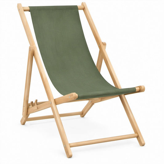 Sedia sdraio pieghevole in faggio massello con tela in cotone verde oliva, 58 x 90 x 100 cm