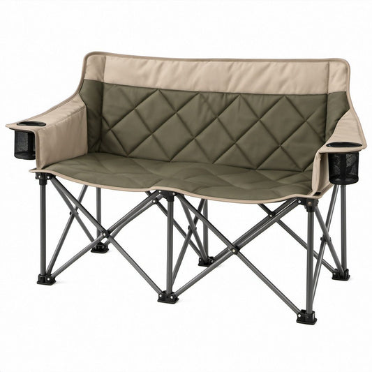 Panca pieghevole da campeggio per 2 persone verde kaki, beige e grigio scuro, 126 x 60 x 98 cm