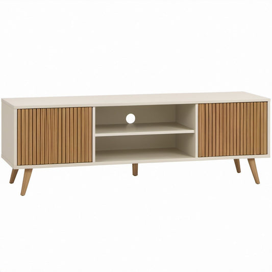 Mobile TV rettangolare bianco e rovere naturale in MDF con ante scorrevoli, 160 x 40 x 60 cm