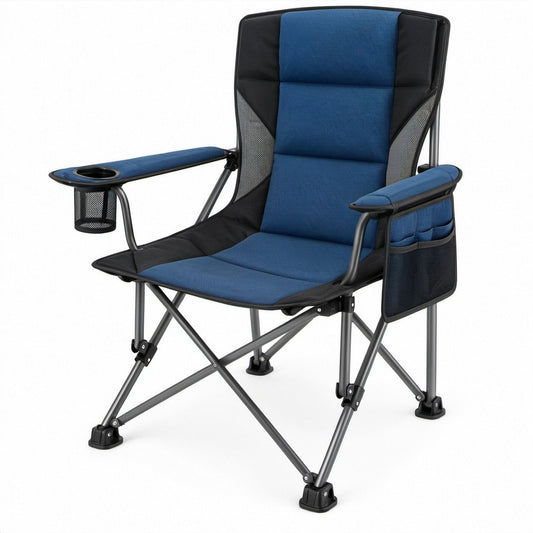 Sedia da campeggio pieghevole imbottita Blu/Nero/Grigio Scuro con portabicchiere e tasca laterale, 60 x 60 x 110 cm