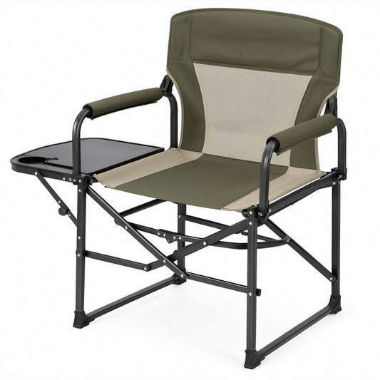 Sedia pieghevole da campeggio con tavolino laterale, verde kaki, beige e nero, 86 x 60 x 105 cm